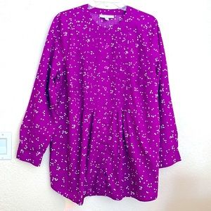 WOMAN WITHIN 1X BLOUSE LONG SLEEVE PLEATS GATHERS BUTTONS PURPLE W/WHITE DOTS